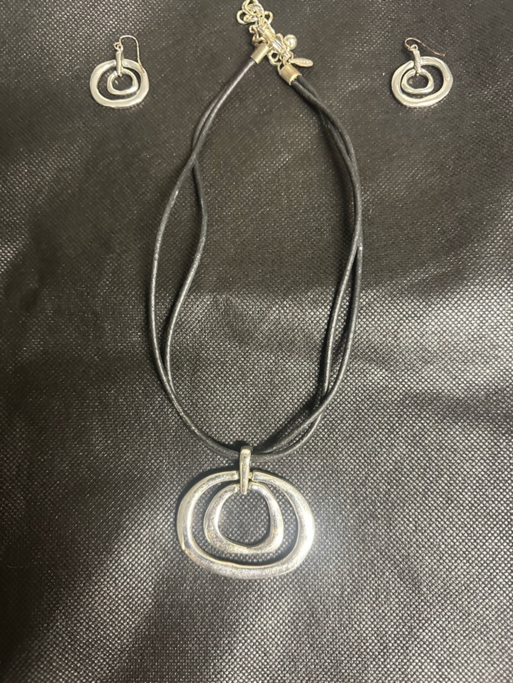 Silver Double Loop Pendant Necklace and Earrings Set - Black Cord